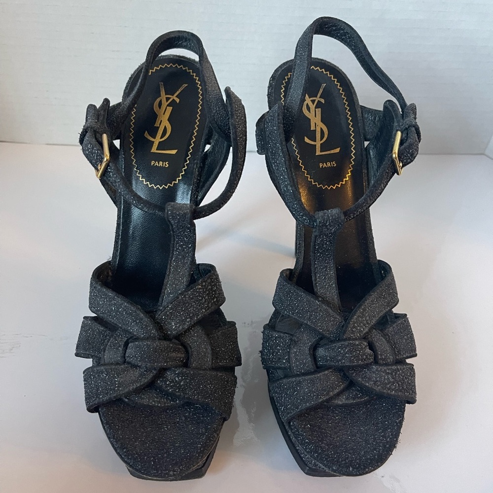YSL Yves Saint Laurent Tribute platform Sandal in black shimmer